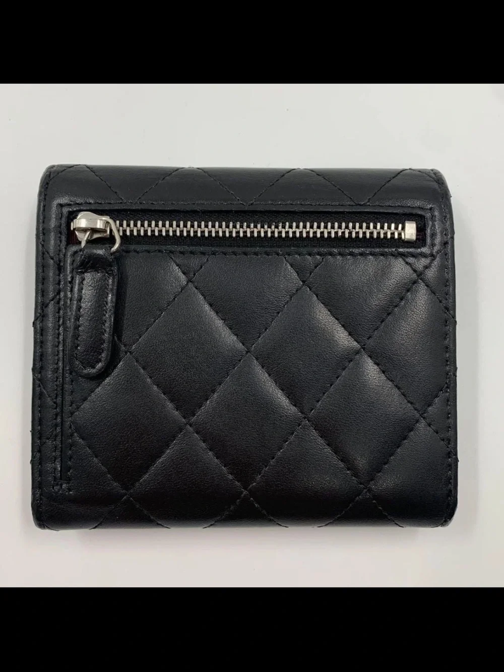 CHANEL Black Quilted Leather Compact Wallet with Silver CC Logo